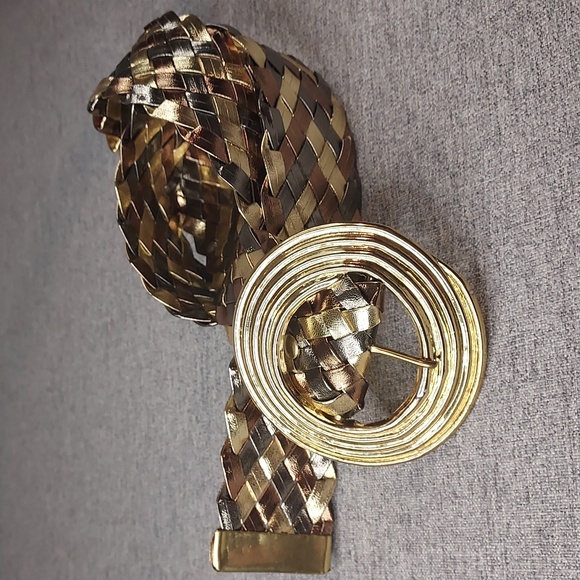 Vintage Gold Bronze Pewter Woven Belt Gold Toned Unique Circular Pivot Buckle - Picture 12 of 14